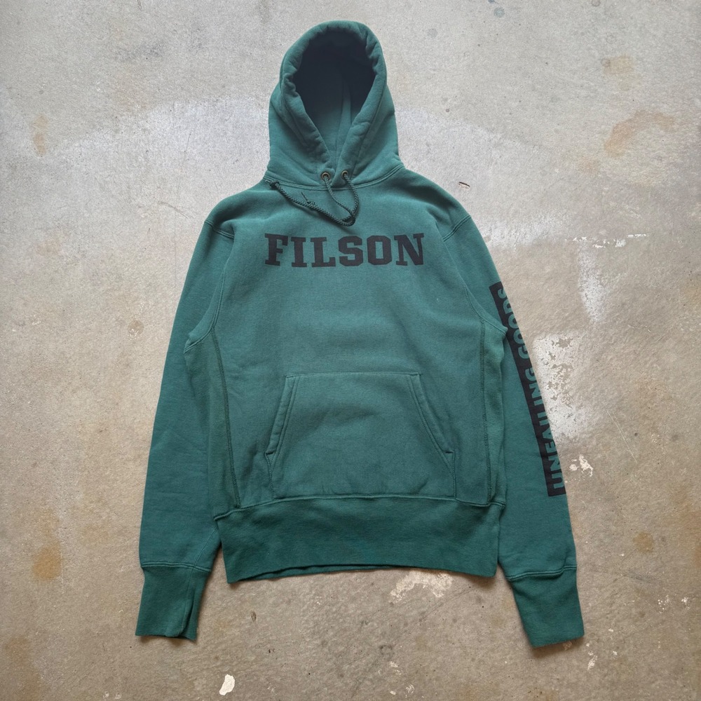 Filson Prospector Hoodie Dark Green Mens Small USA Made Unfailing Goods Graphic